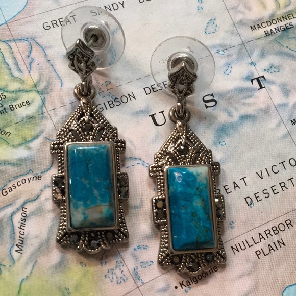 Turquoise Marcasite Pierced Earrings Missing Stone - Picture 2 of 8